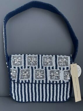 Embellished Navy & White Beaded Shoulder Bag